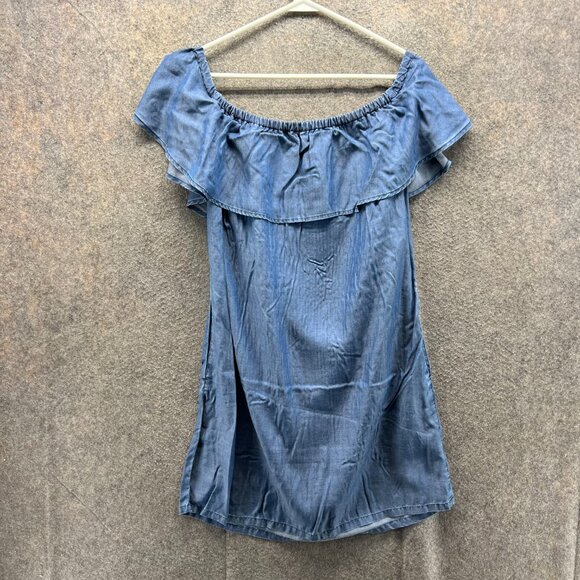 Tommy Bahama Dress Women Small Blue Chambray Tencel Ruffle Off Shoulder Casual - Picture 2 of 12